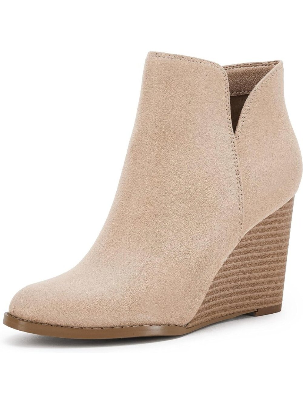 Women's Cream Faux Suede Zip-up Closed Toe Stacked V Cut Wedge Ankle Booties